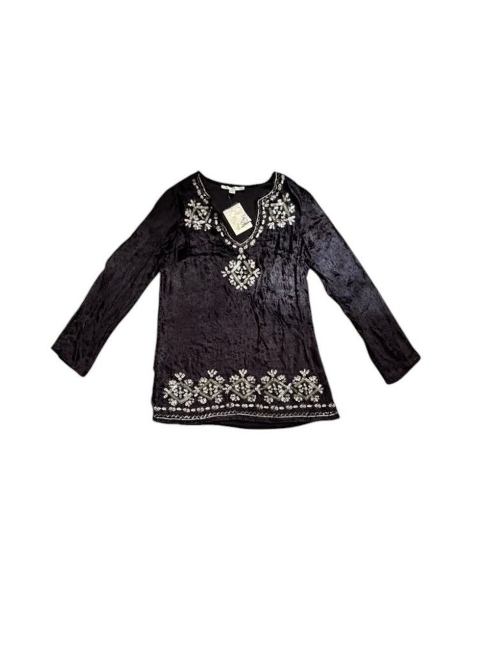 Boston Proper Womens S Black Velvet Embroidered Tunic Top Boho Rayon NWT.